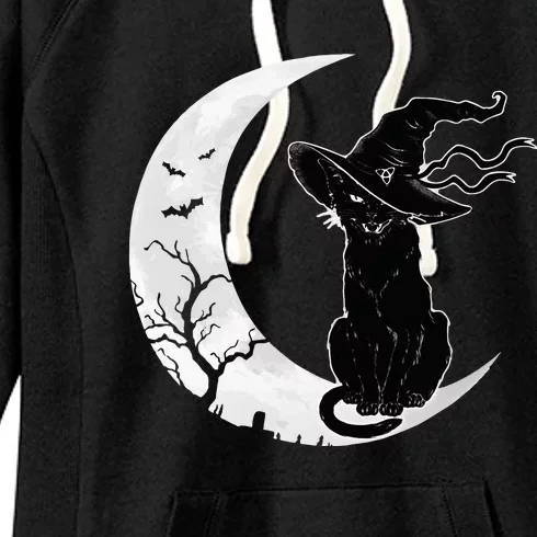 Moon Halloween Scary Black Cat Costume Witch Hat Women's Fleece Hoodie