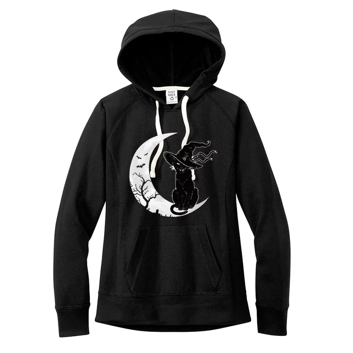 Moon Halloween Scary Black Cat Costume Witch Hat Women's Fleece Hoodie