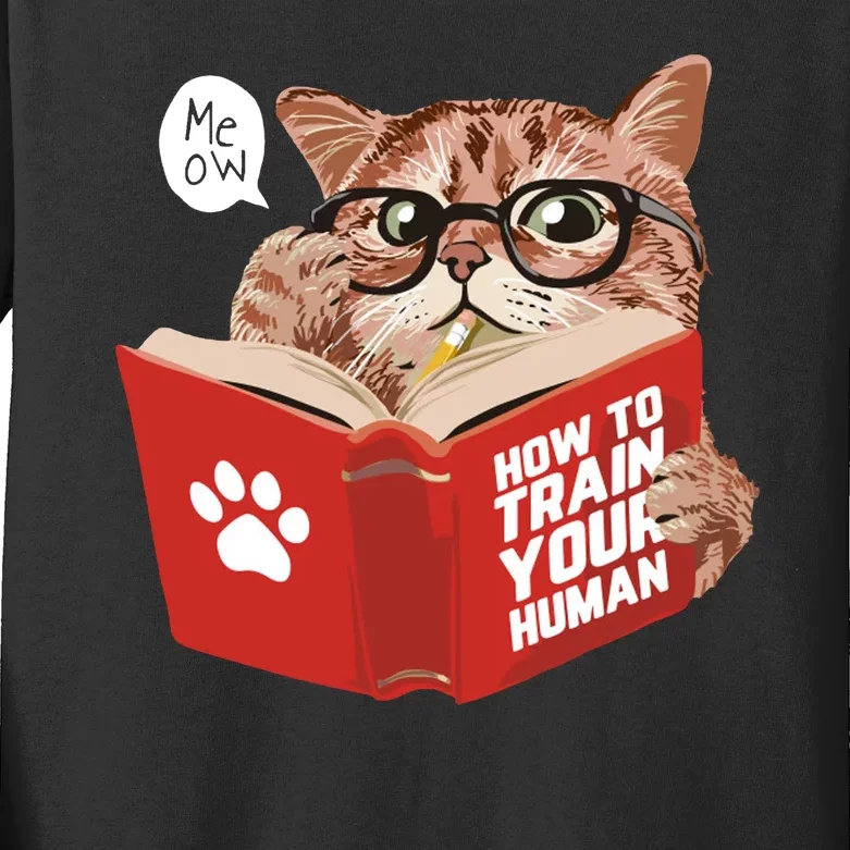 Meow How To Train Your Human Funny Cat Kids Long Sleeve Shirt