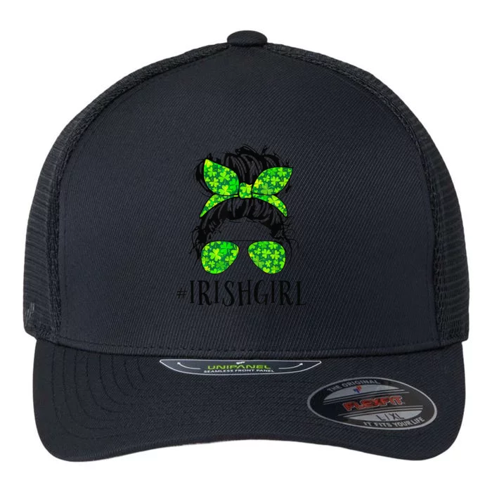 Messy Hair Woman Bun Irish  Shamrock Patrick's Day Tee Flexfit Unipanel Trucker Cap