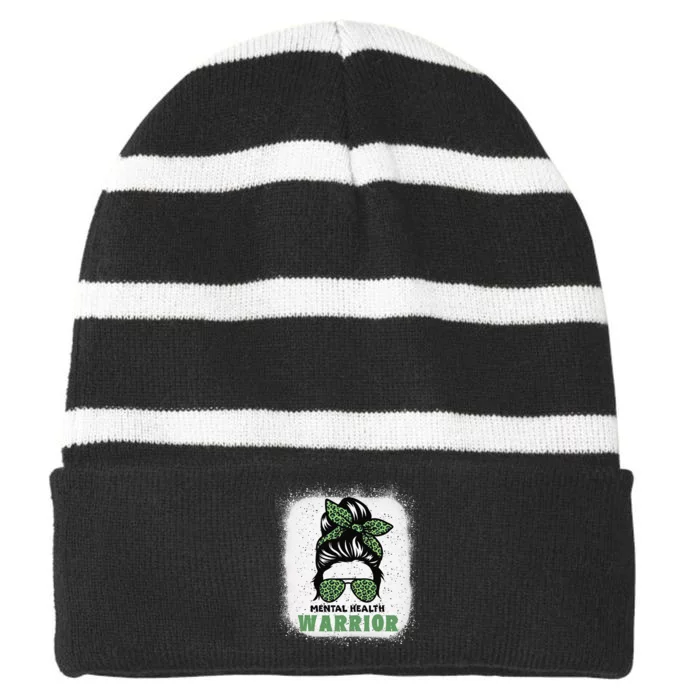 Mental Health Warrior Messy Bun Mental Health Awareness Striped Beanie with Solid Band