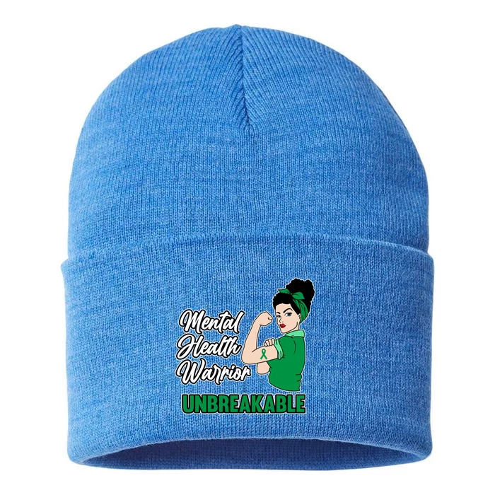 Mental Health Warrior Unbreakable Awareness Green Graphic Gift Sustainable Knit Beanie