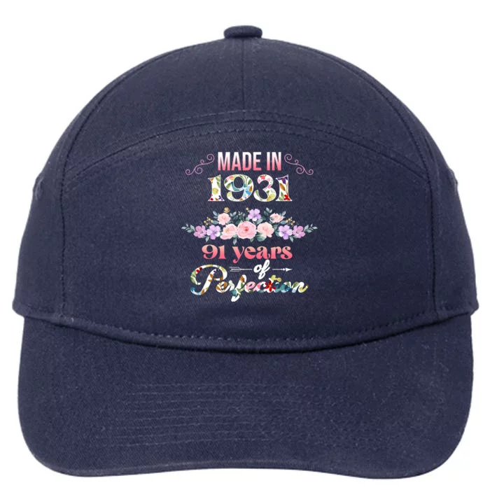 Made In 1931 Floral 91st Birthday Gift 7-Panel Snapback Hat