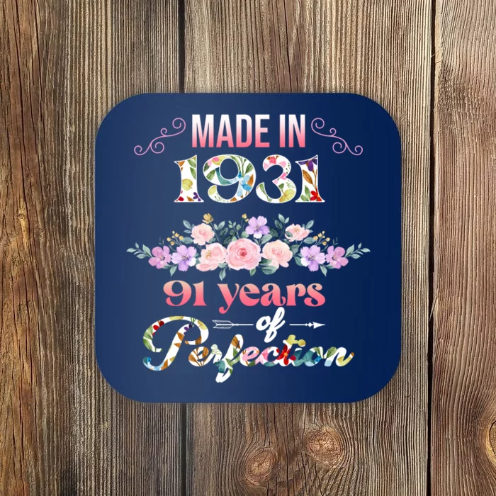 Made In 1931 Floral 91st Birthday Gift Coaster