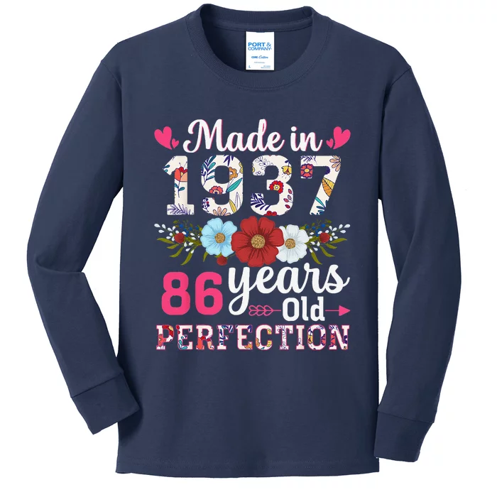 Made In 1937 Floral 86 Years Old 86th Birthday Kids Long Sleeve Shirt