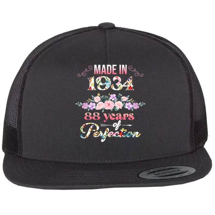 Made In 1934 Floral 88th Birthday Gift Flat Bill Trucker Hat