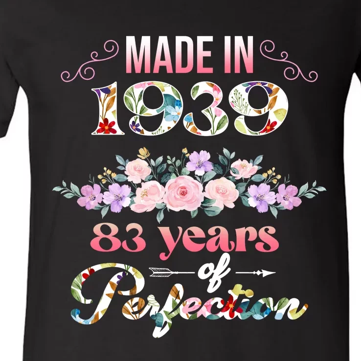 Made In 1939 Floral 83rd Birthday Gift V-Neck T-Shirt