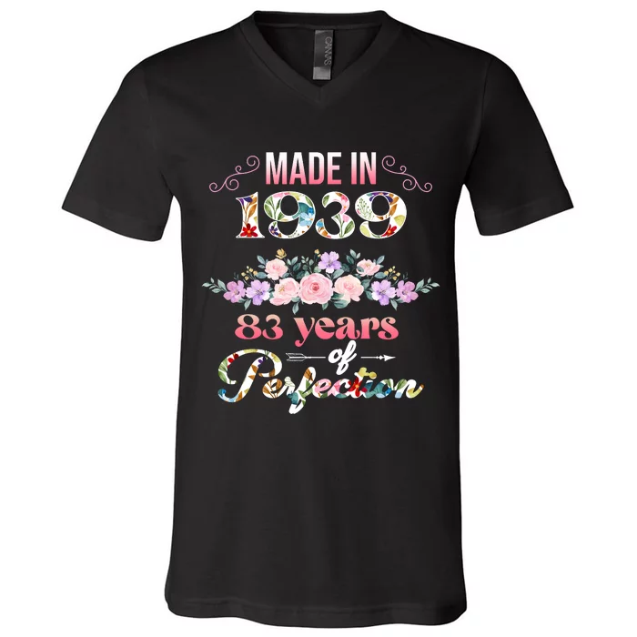 Made In 1939 Floral 83rd Birthday Gift V-Neck T-Shirt