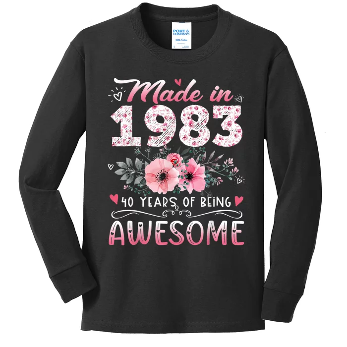 Made In 1983 Floral 40th Birthday 40 Years Of Being Awesome Kids Long Sleeve Shirt