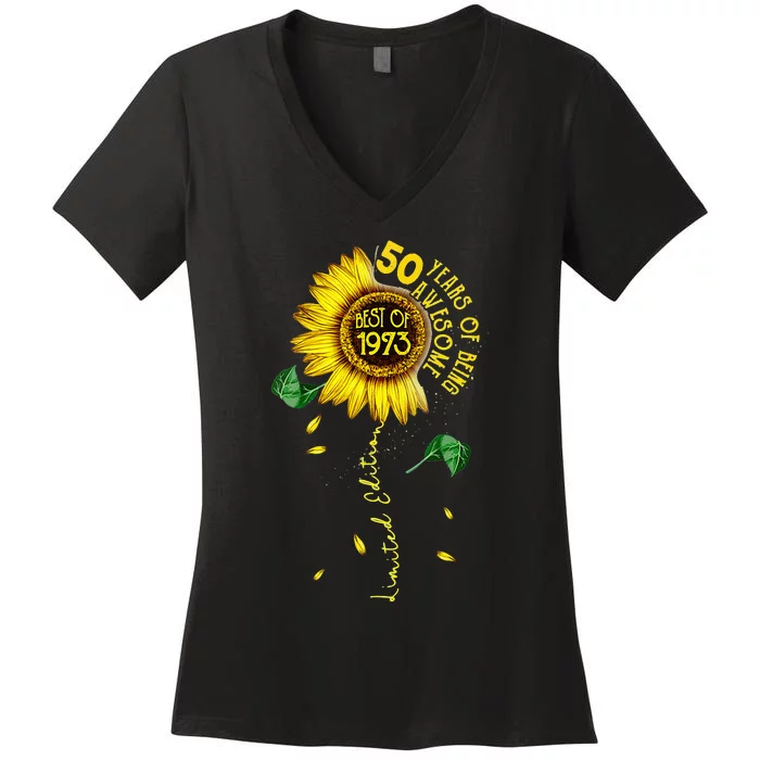 Made In 1973 Sunflower 50th Birthday Gift Women 50 Year Old Women's V-Neck T-Shirt