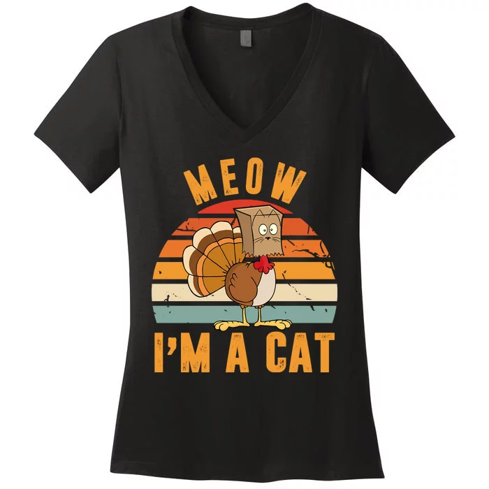 Meow I'm A Cat Retro Sunset Funny Turkey Women's V-Neck T-Shirt