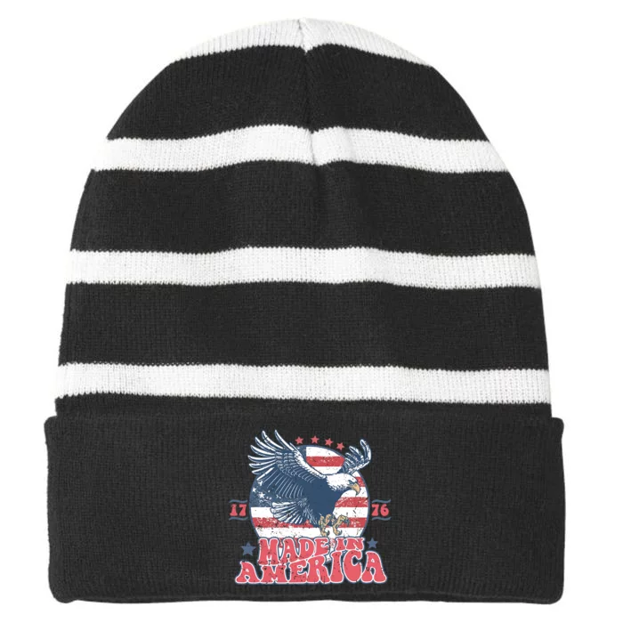 Made In America USA Flag Eagle 4th Of July Patriot Striped Beanie with Solid Band