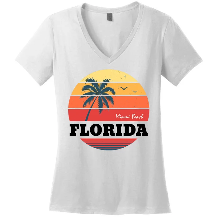 Miami Beach Florida Retro Circle Women's V-Neck T-Shirt