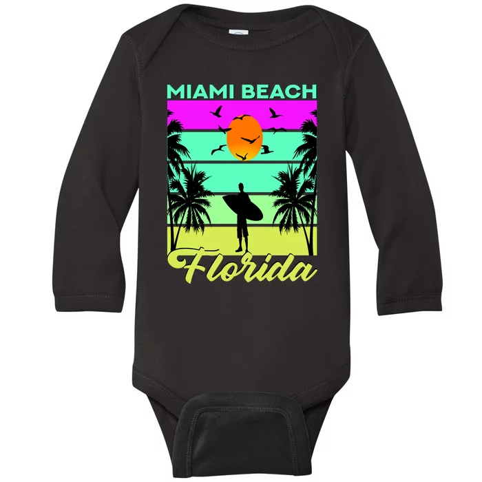 Miami Beach Florida Surfing Baby Long Sleeve Bodysuit