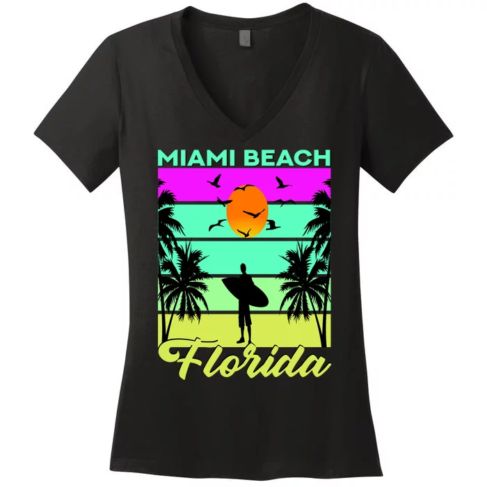 Miami Beach Florida Surfing Women's V-Neck T-Shirt