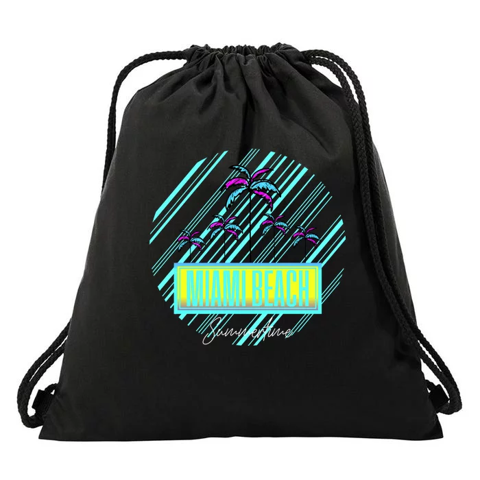 Miami Beach Palm Trees Retro Drawstring Bag