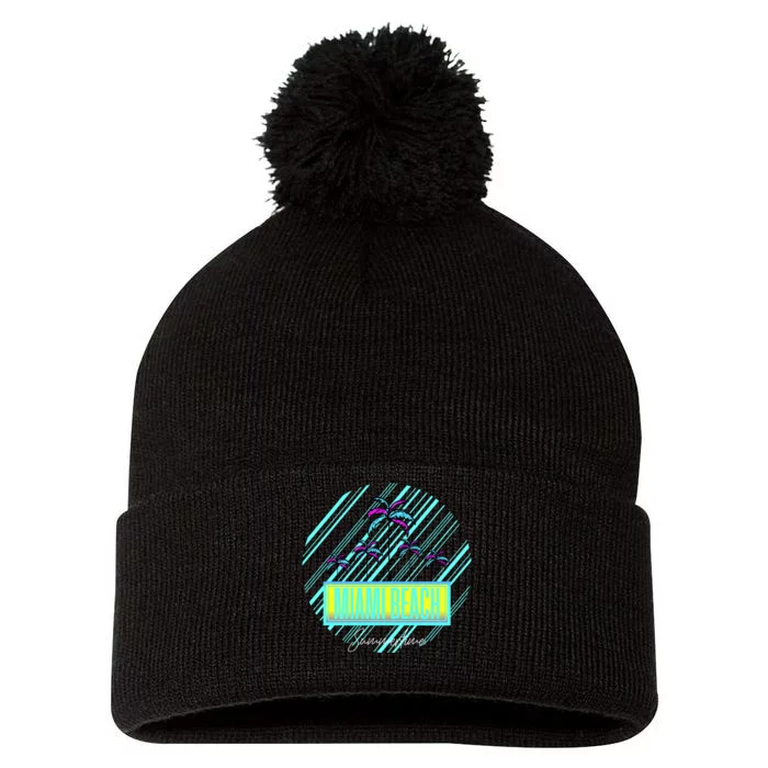 Miami Beach Palm Trees Retro Pom Pom 12in Knit Beanie