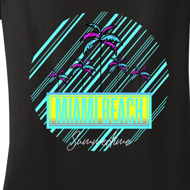 Miami Beach Palm Trees Retro Women's V-Neck T-Shirt