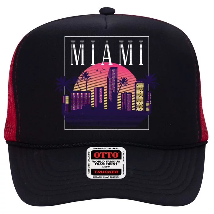 Miami Florida Retro Skyline High Crown Mesh Trucker Hat