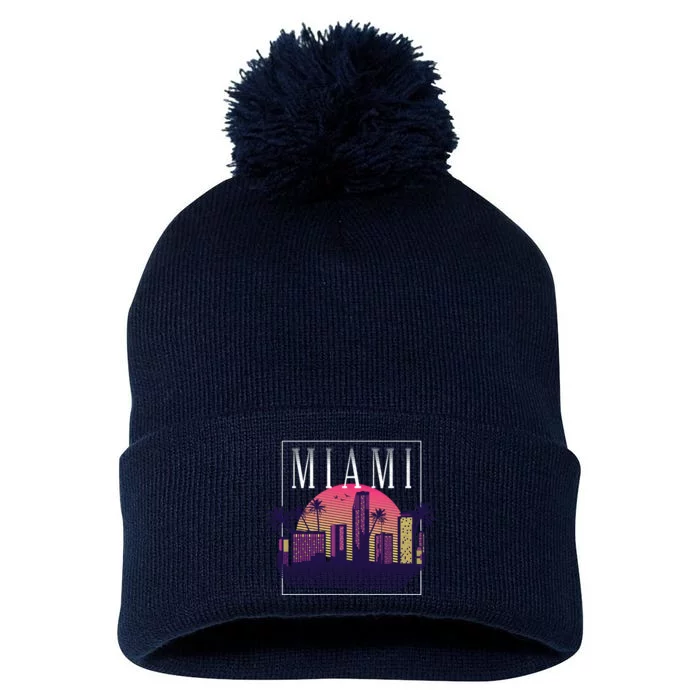 Miami Florida Retro Skyline Pom Pom 12in Knit Beanie