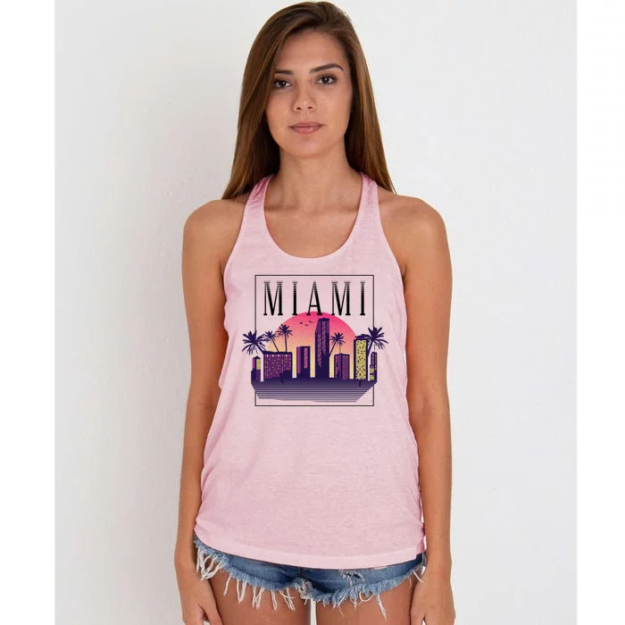 Miami Florida Retro Skyline Women's Knotted Racerback Tank