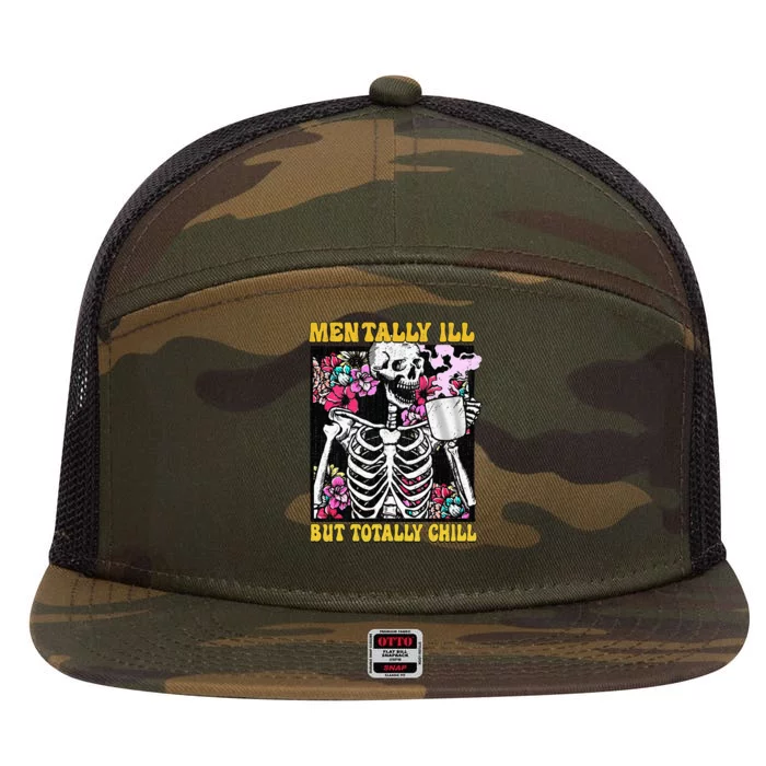 Mentally Ill But Totally Chill Coffee Skeleton Halloween 7 Panel Mesh Trucker Snapback Hat