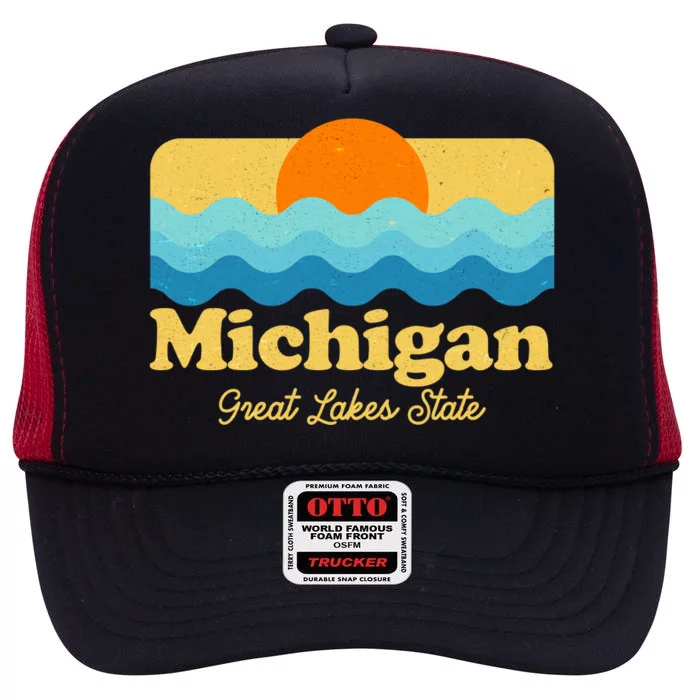 Michigan Great Lakes State Retro Sun Lake High Crown Mesh Trucker Hat