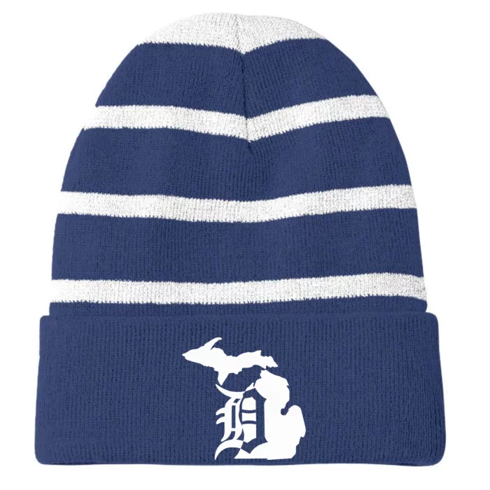 Michigan Mitten Old English D Detroit Striped Beanie with Solid Band