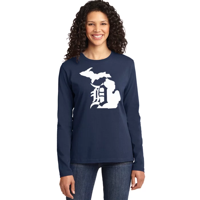 Michigan Mitten Old English D Detroit Ladies Long Sleeve Shirt