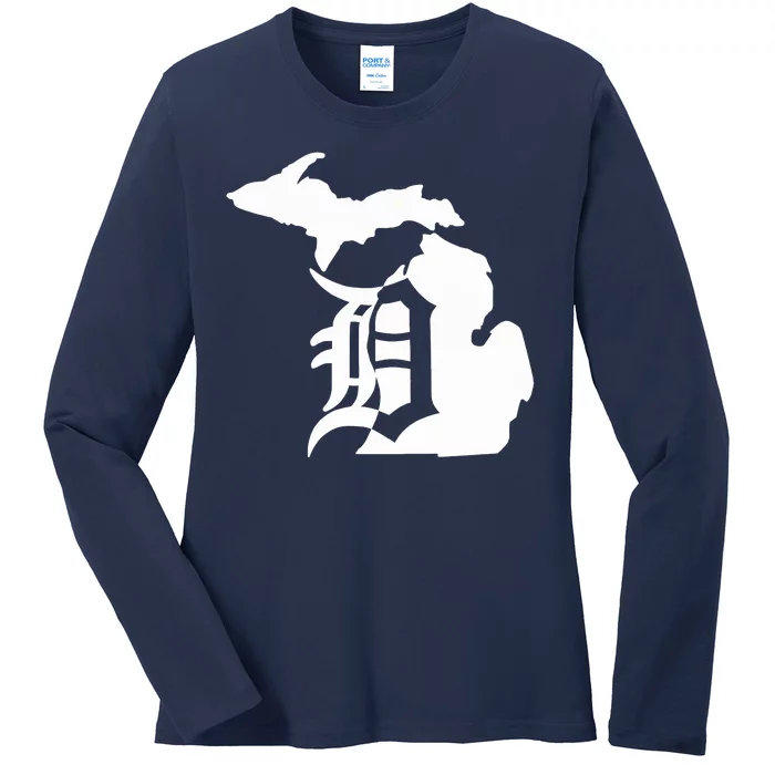 Michigan Mitten Old English D Detroit Ladies Long Sleeve Shirt