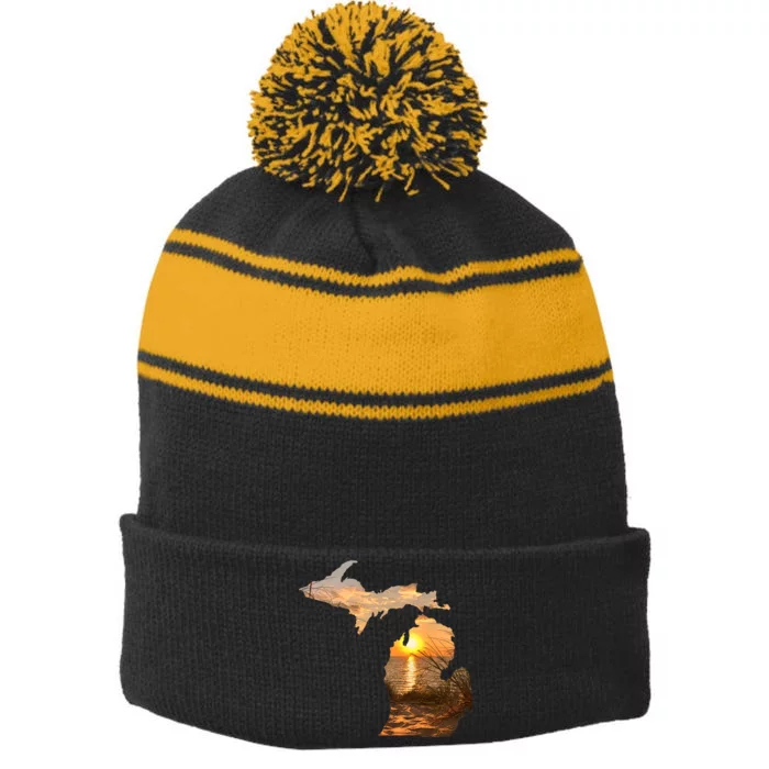 Michigan Sunset Lake Stripe Pom Pom Beanie