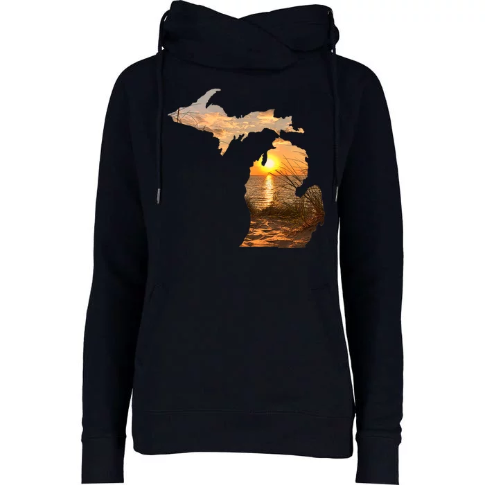 Michigan Sunset Lake Womens Funnel Neck Pullover Hood