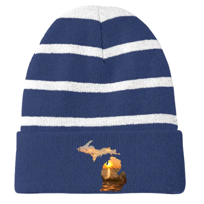 Michigan Sunset Lake Striped Beanie with Solid Band