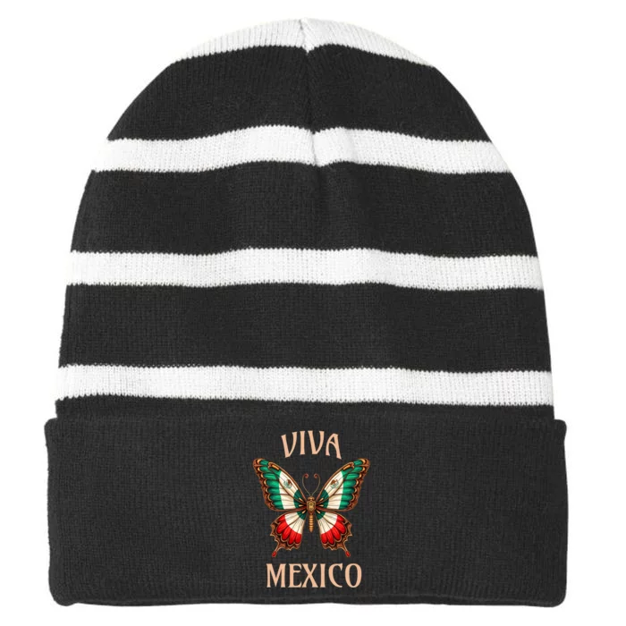 Mexico Independence Day Butterfly Mexican Flag Striped Beanie with Solid Band