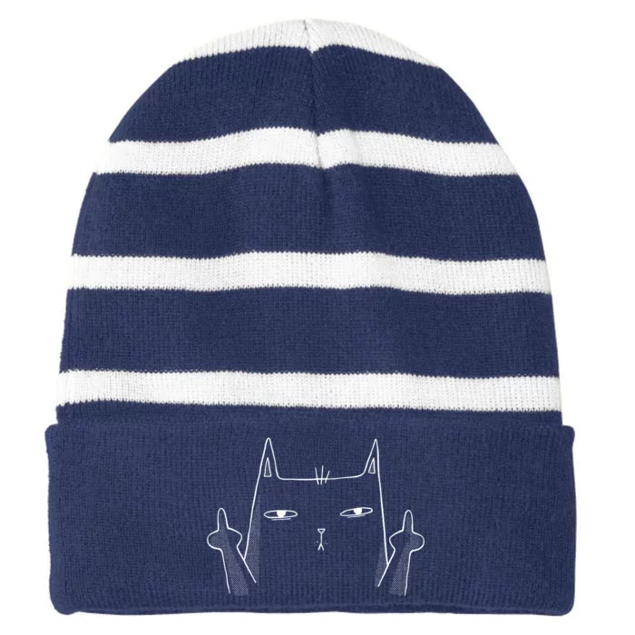 Middle Finger Cat Striped Beanie with Solid Band