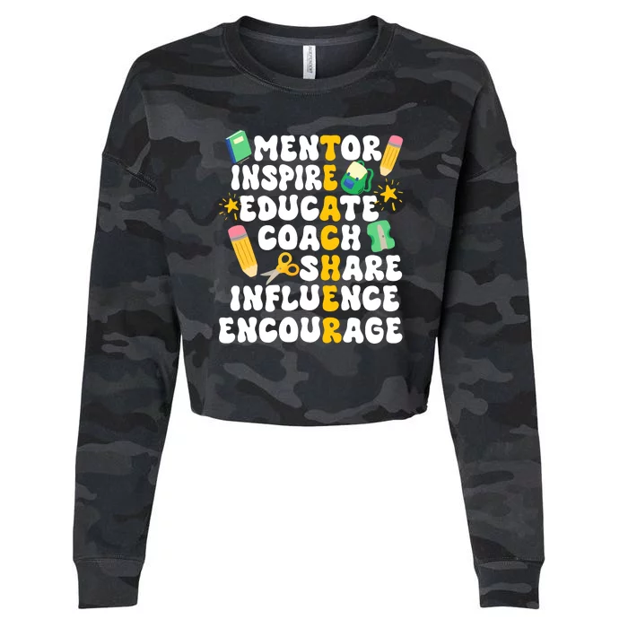 Mentor Inspire Educate Coach Share Influence Encourage Teacher Back To School Cropped Pullover Crew