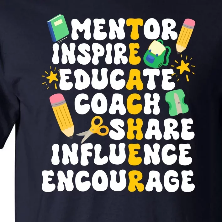 Mentor Inspire Educate Coach Share Influence Encourage Teacher Back To School Tall T-Shirt