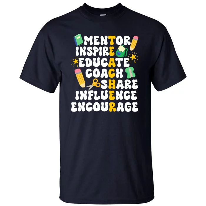 Mentor Inspire Educate Coach Share Influence Encourage Teacher Back To School Tall T-Shirt