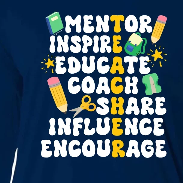 Mentor Inspire Educate Coach Share Influence Encourage Teacher Back To School Cooling Performance Long Sleeve Crew