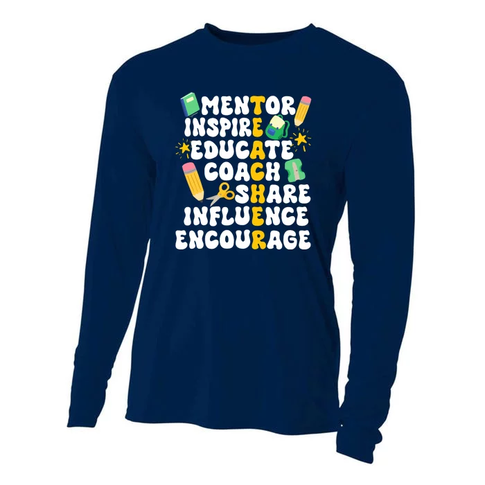 Mentor Inspire Educate Coach Share Influence Encourage Teacher Back To School Cooling Performance Long Sleeve Crew