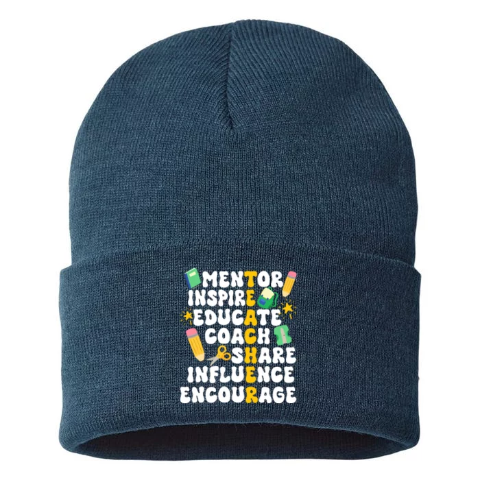 Mentor Inspire Educate Coach Share Influence Encourage Teacher Back To School Sustainable Knit Beanie