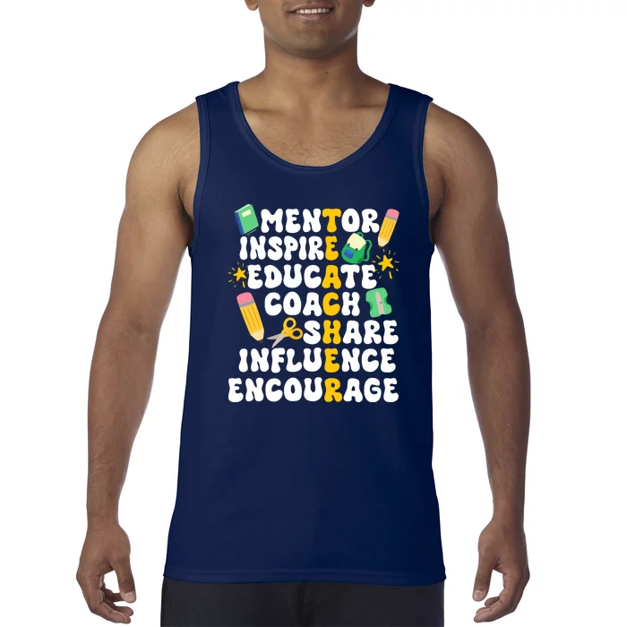 Mentor Inspire Educate Coach Share Influence Encourage Teacher Back To School Tank Top