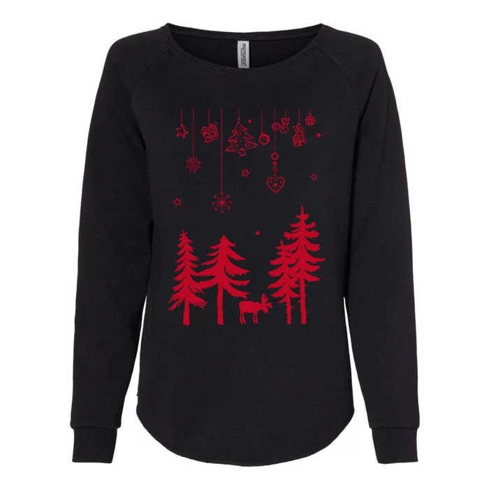 Moose In Forest With Traditional Symbols For Christmas Gift Womens California Wash Sweatshirt