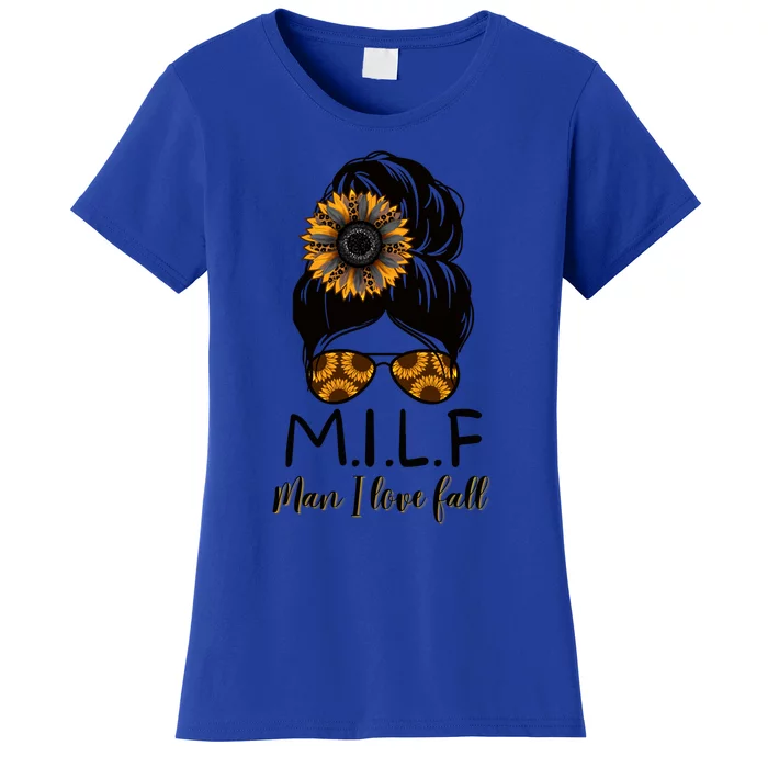 M Ilf I Love Fall Messy Bun Leopard Sunflower Sunglasses Gift Women's T-Shirt