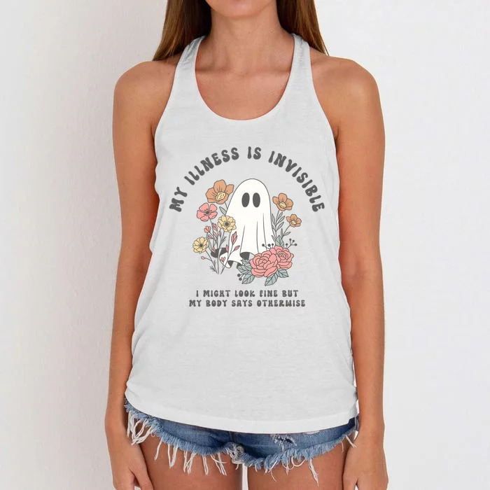 My Illness Is Invisible I Might Look Fine But My Boday Says Otherwise Women's Knotted Racerback Tank