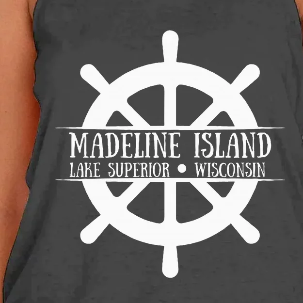 Madeline Island Lake Superior Wisconsin Ship Wheel Women's Knotted Racerback Tank