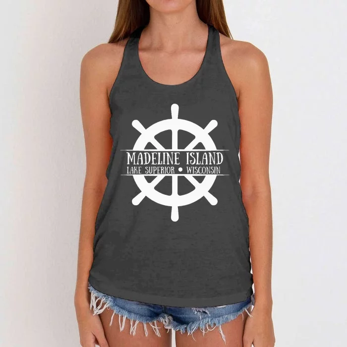 Madeline Island Lake Superior Wisconsin Ship Wheel Women's Knotted Racerback Tank