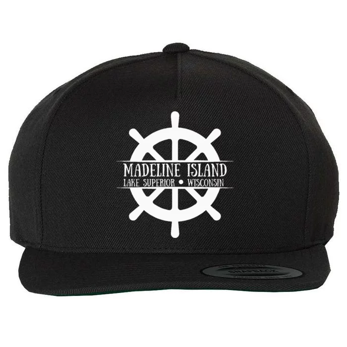 Madeline Island Lake Superior Wisconsin Ship Wheel Wool Snapback Cap