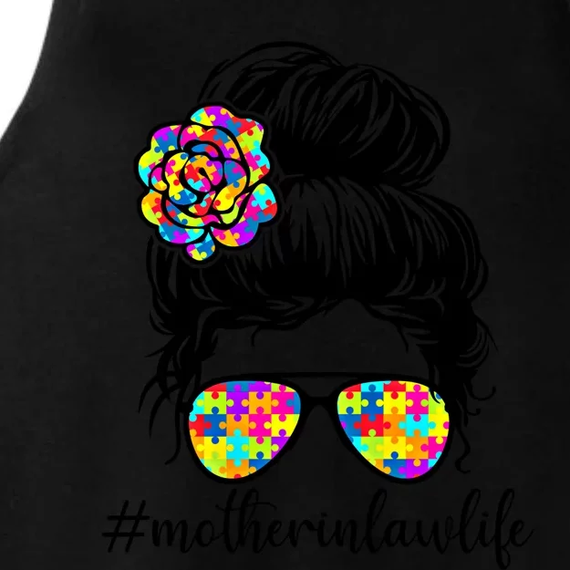 Mother In Law Life Autism Puzzle Messy Bun Autistic Support Great Gift Ladies Tri-Blend Wicking Tank