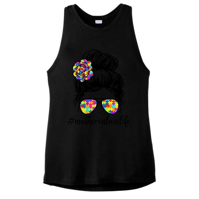 Mother In Law Life Autism Puzzle Messy Bun Autistic Support Great Gift Ladies Tri-Blend Wicking Tank